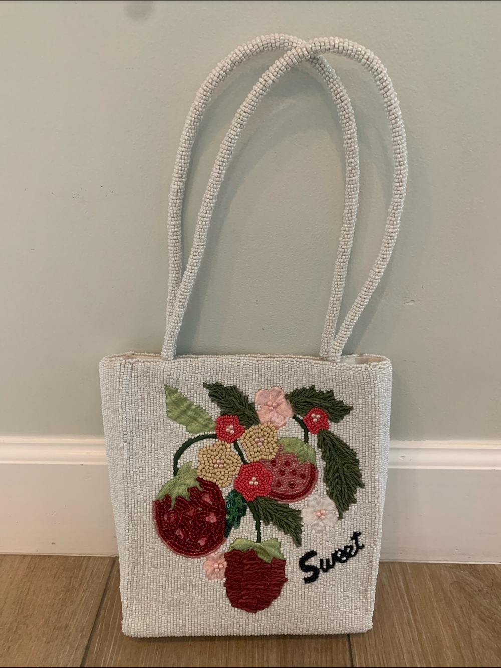Hand-Beaded berry White Tote